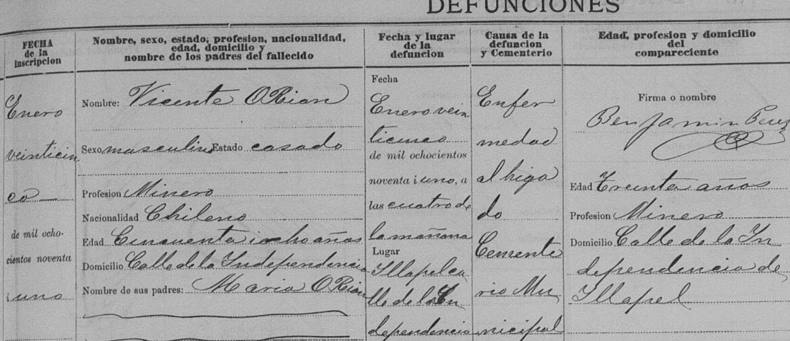 Registro de defunción de Vicente O'Ryan.