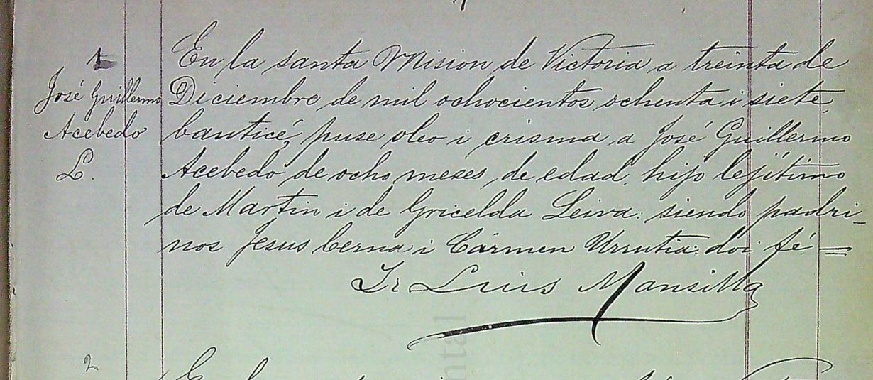 Primer bautismo registrado por el padre Luís Mansilla en su visita a Victoria en 1887.